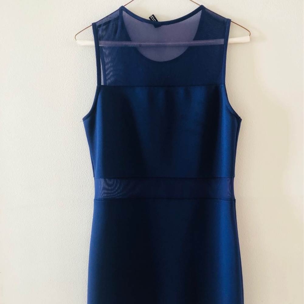 Blue Fitted Sleeveless Dress with Mesh Detail